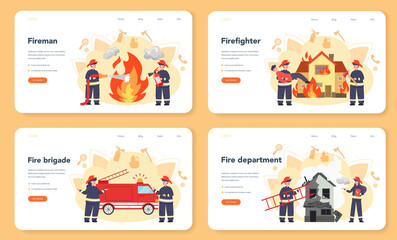 Fireman web banner or landing page set. Professional fire brigade