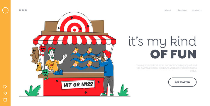 Summertime Leisure, Activity Landing Page Template. Male Character Walking at Amusement Park Visiting Shooting Gallery