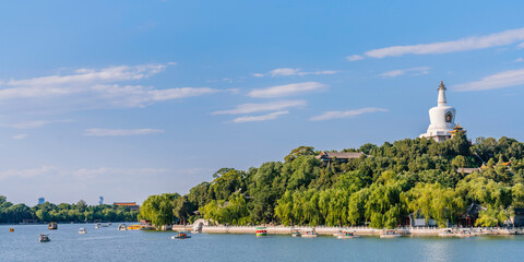 White Tower and Cruise Ship in Beihai Park, Beijing, China