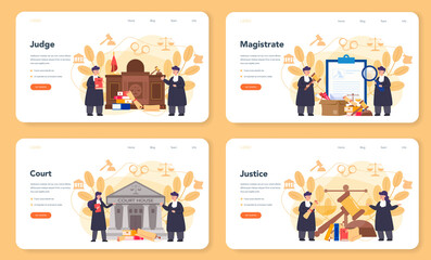 Judge web banner or landing page set. Court worker stand for justice