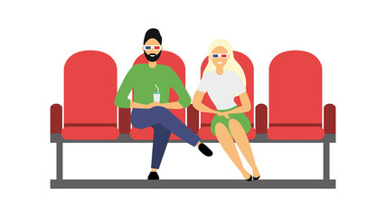 A group of people sitting in the cinema. Spectators in 3D glasses are watching a movie. Flat style. Vector illustration
