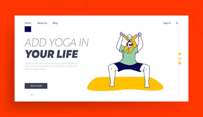 Obraz na płótnie Canvas Male Character Squat and Stretching with Child Landing Page Template. Man Practicing Yoga Activity with Baby at Home