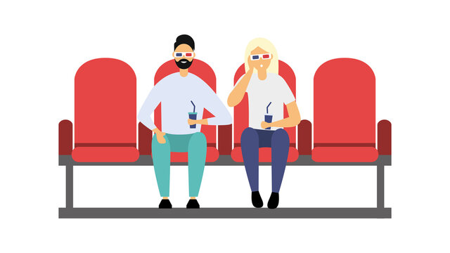 A group of people sitting in the cinema. Spectators in 3D glasses are watching a movie. Flat style. Vector illustration
