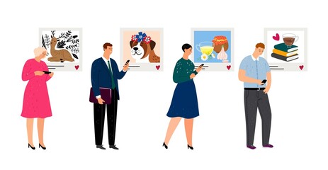 Obraz premium People and social media. Adult chatting, posting photos in internet. Online communication vector illustration
