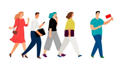 Fototapeta premium Teamleader or influencer, business leadership concept. Touristic group guide, active adults following a man with red flag vector illustration