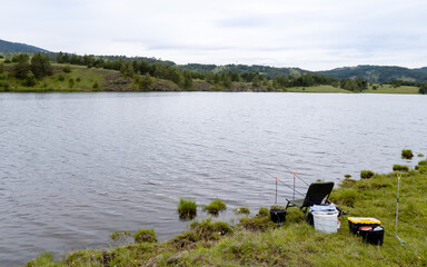 Fototapeta na wymiar Fishing equipment by the river
