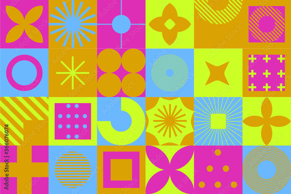 Poster mid-century modern geometric seamless pattern with bold simple shapes in bauhaus and neo-memphis ret