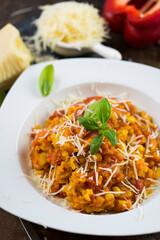 Rice and chicken breast cooked in tomato sauce.