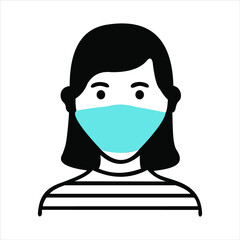 Medical Hygienic Face mask on woman for highly Air pollution, Dust hazard protection equipment vector icon isolate on white background.
