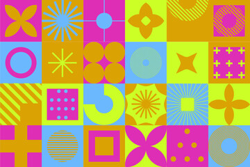 Fototapeta premium Mid-century modern geometric seamless pattern with bold simple shapes in Bauhaus and Neo-memphis retrofuturistic style. Trendy vivid fashion print.