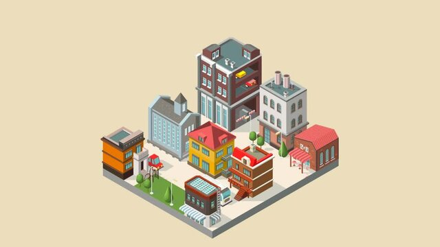 Cartoon animation of 3d isometric city with moving cars, trees, houses