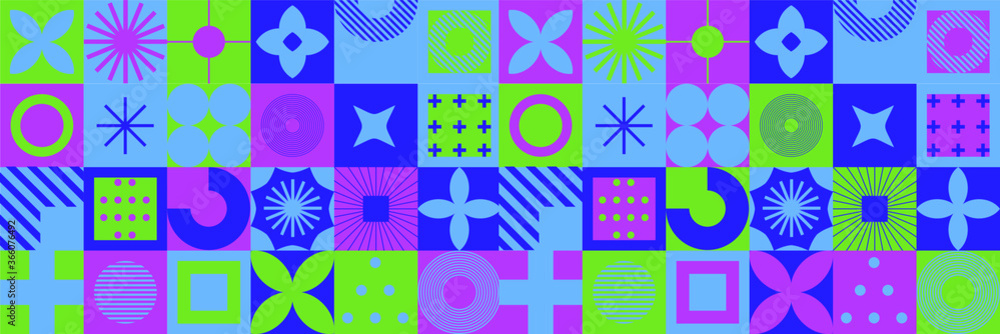 Poster mid-century modern geometric seamless pattern with bold simple shapes in bauhaus and neo-memphis ret