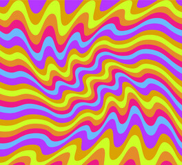 Obraz premium 1960s Hippie Wallpaper Design. Trippy Retro Background for Psychedelic 60s-70s Parties with Bright Acid Rainbow Colors and Groovy Geometric Wavy Pattern in Pop Art style.