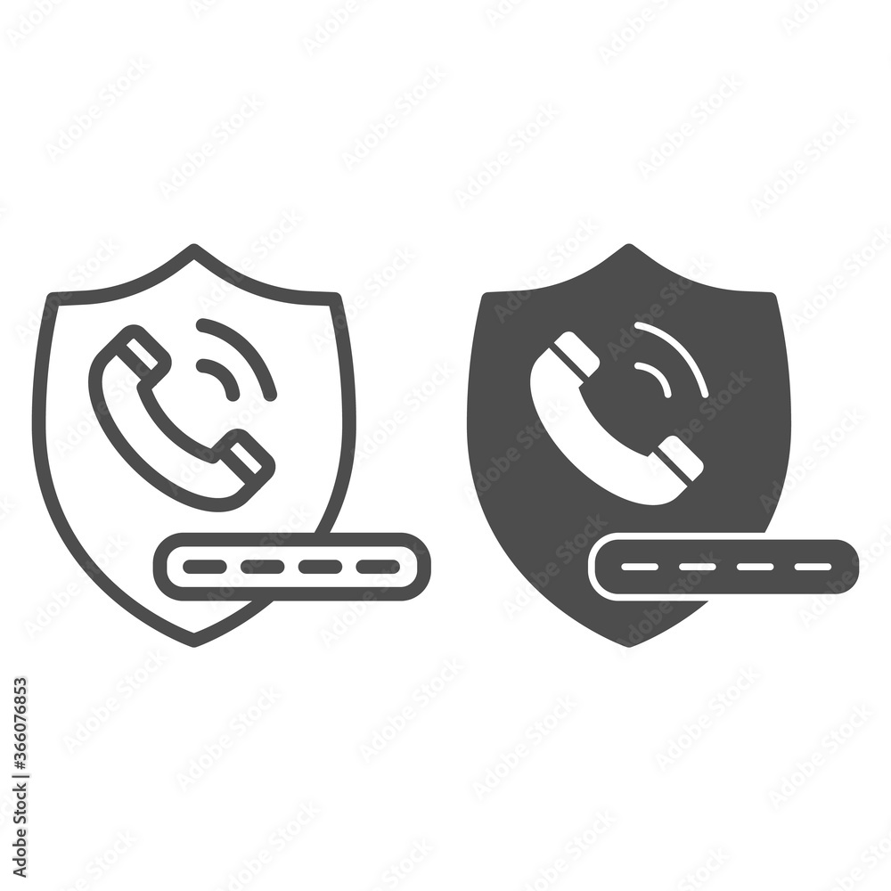 Poster handset on shield and pin code line and solid icon, banking service concept, secure phone call sign 