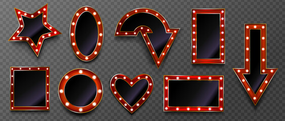 Frames with light bulbs for retro sign on circus marquee or casino isolated on transparent background. Vector realistic mockup of arrow, star and heart shape makeup mirror with red and gold borders © klyaksun