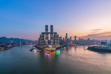 High-view night scenery of Chaotianmen Pier, Chongqing, China