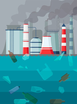 Factory air and ocean pollution. Environmental contamination carbon dioxide emissions. Trash on sea surface. Toxic factories and plants with fumes or smog. Polluting chimneys vector illustration.	