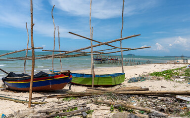Fototapeta premium Livelihoods of fishermen and fishing equipment at Bang Hoi Beach, Songkhla, Thailand