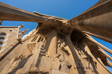 BARCELONA, CATALONIA, SPAIN - JULY 18, 2020: Passion facade of the temple designed by Gaudí. La...
