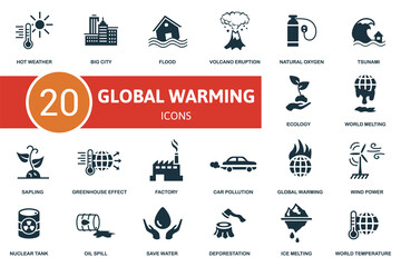 Global Warming icon set. Collection contain ecology, flood, wind power, car pollution and over icons. Global Warming elements set