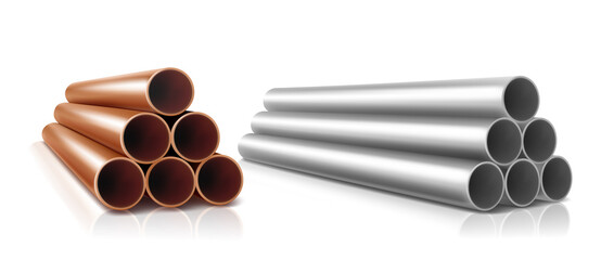 Pipes stack, straight steel or copper, metal or pvc plumbing cylinders. Industrial pieces of pipelines for conduit, factory or construction works isolated on white background. realistic 3d vector set