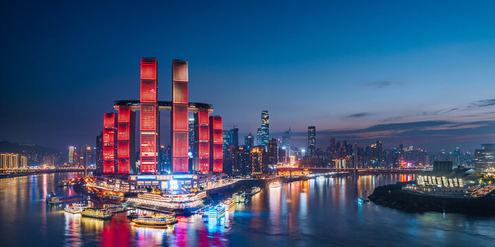 High-view night scenery of Chaotianmen Pier, Chongqing, China