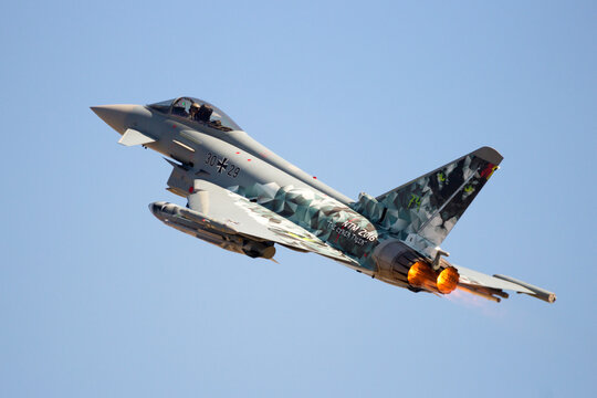 ZARAGOZA, SPAIN - MAY 20,2016: German Air Force Eurofighter Typhoon taking off from Zaragoza airbase.