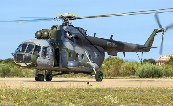 ZARAGOZA, SPAIN - MAY 20,2016: Special painted Czech Republic Air Force Mil Mi-171 helicopter taking off from Zaragoza airbase.