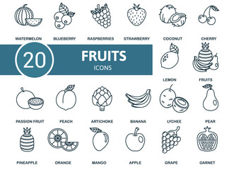 Fruits icon set. Collection contain watermelon, mango, strawberry, peach and over icons. Fruits elements set.