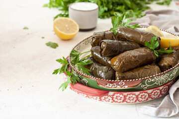 Dolma - stuffed grape leaves with rice.Traditional Caucasian,  Turkish and Greek cuisine
