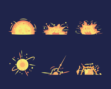 Key frames of bomb explosion. Bomb explosion and cartoon bang burst dynamite. Explosion animation in storyboard. Energy detonating explosives