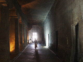 A woman at the stone caves, Ajanta Caves, Jalgaon, Maharashtra, Western India, India