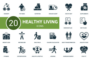 Healthy Lifestyle icon set. Collection contain weight loss, healthy diet, healthy food, calorie calculator and over icons. Healthy Lifestyle elements set