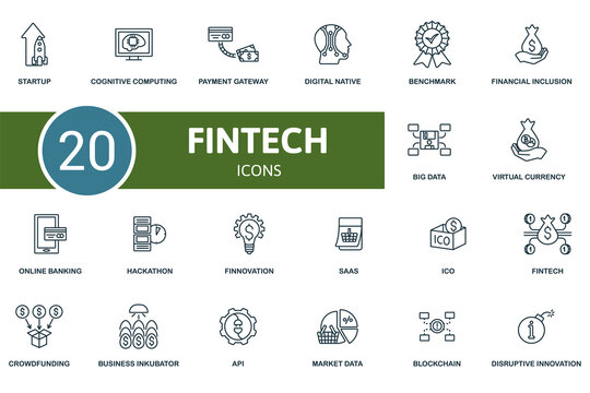 Fintech Icon Set. Collection Contain Virtual Currency, Hackathon, Crowdfunding, Cognitive Computing And Over Icons. Fintech Elements Set