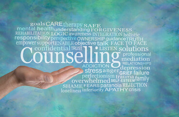 Counselling Word Cloud English spelling - male therapist with open palm and the word COUNSELLING...