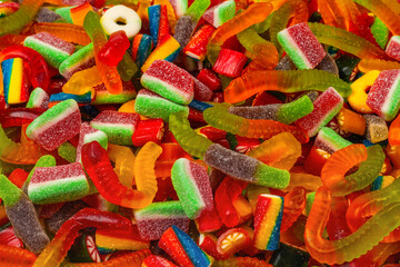 Assorted gummy candies. Top view. Jelly  sweets background.