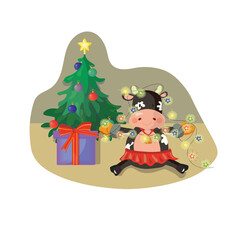 2021 new year greeting card with an ox decorating the christmas tree witn a garland. Indoor scene. Vector illustration.