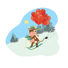 2021 new year greeting card with a bull skiing with heart shaped air balloons. Outdoor scene with spruce forest. Vector illustration.