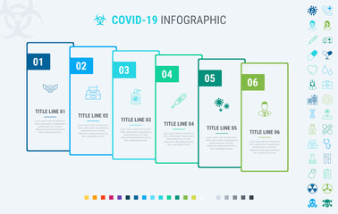 Fototapeta na wymiar Timeline covid-19 infographic design vector. 6 steps, graph workflow layout. Vector coronavirus infographic timeline template. Many additional icons. 