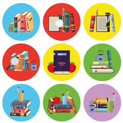 Collection of colored book icons. With opened book object, closed book. Education and knowledge.