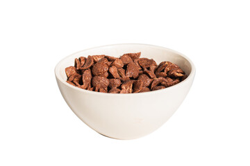 Chocolate corn flakes falling to the white bowl isolated on white. Motion.