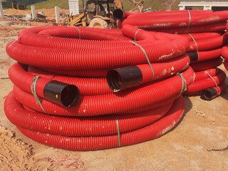 SEREMBAN, MALAYSIA -APRIL 06, 2019: HDPE corrugated pipe stored in open space at the construction...
