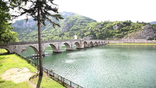 Historic bridge over the Drina River, Tourist Attraction, The Mehmed Pa&scaron;a Sokolović Bridge in Vi&scaron;egrad, Bosnia and Herzegovina.
