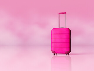Pink suitcase luggage bag on pink background. Travel concept mockup with copy space.