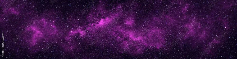 Wall mural nebula and stars in night sky web banner. space background.