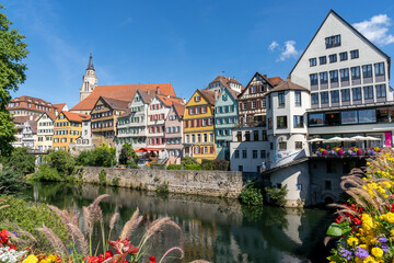 view of the old city center of Tuebingen on the Neckar River