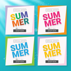 vector special offer summer label design template . Summer sale banner or badge with beautiful sun and calligraphic text on azure background with sun lights