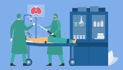 Doctors are operating a patient that is pectus excavatum. Pulmonology vector illustration about restrictive lung disease.