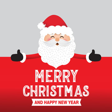 Santa Claus with big signboard, Cute Christmas Character and Merry Christmas and Happy new year letter design