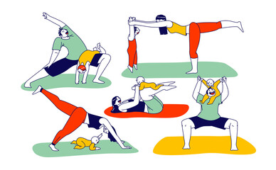 Family Yoga with Baby. Young Athlete Man and Woman Characters Exercising Fitness or Aerobics with Little Child in Gym